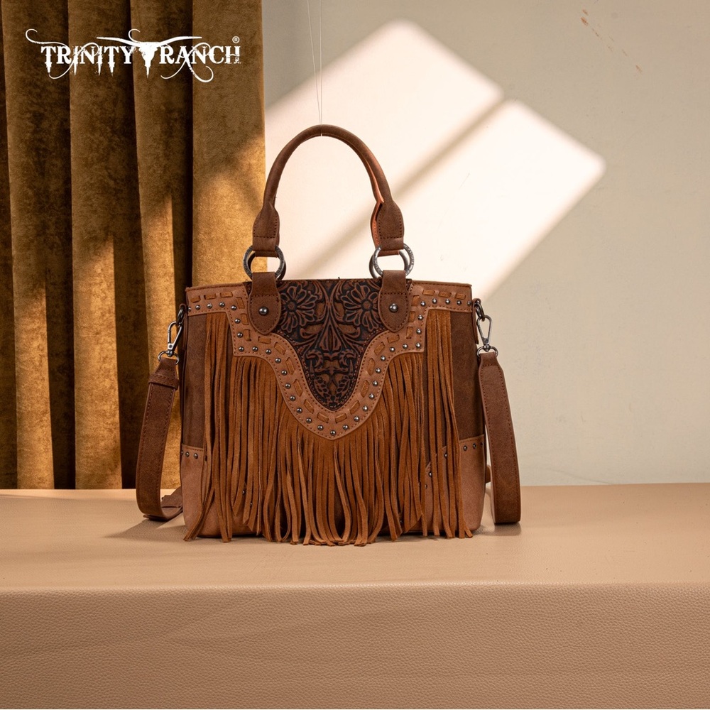 Trinity Ranch Floral Tooled Fringe Tote/Crossbody Brown NWT